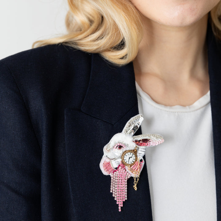 Alice in Wonderland White Rabbit Pink Brooch