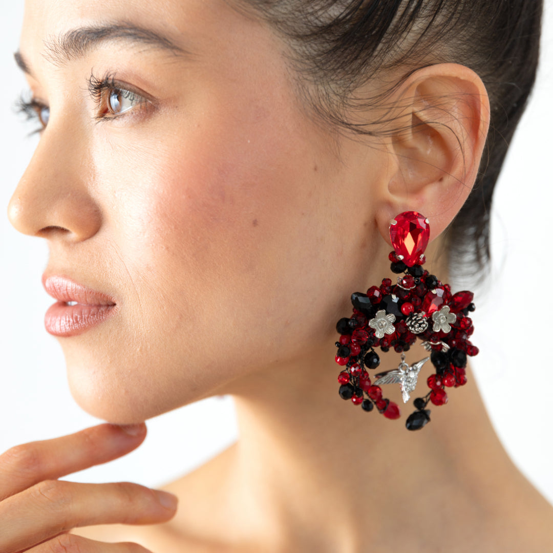 Red Floral Hummingbird Earrings